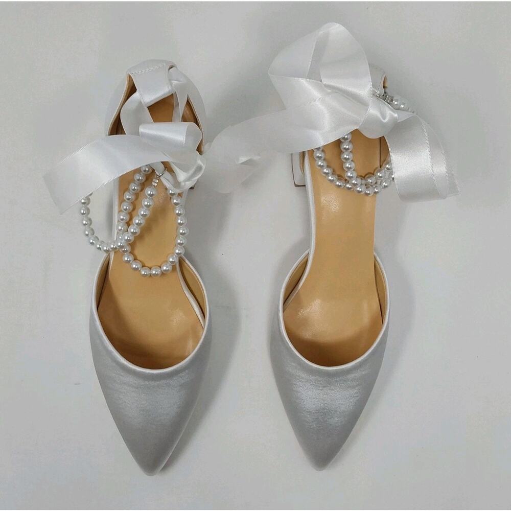 White Satin Bridal Pearl Ankle Strap Block Heel Wedding Pumps Women’s Size 8.5 - Picture 3 of 15
